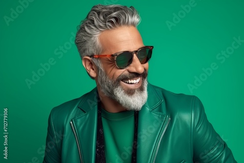 Portrait of a stylish senior man in sunglasses and a green leather jacket on a green background
