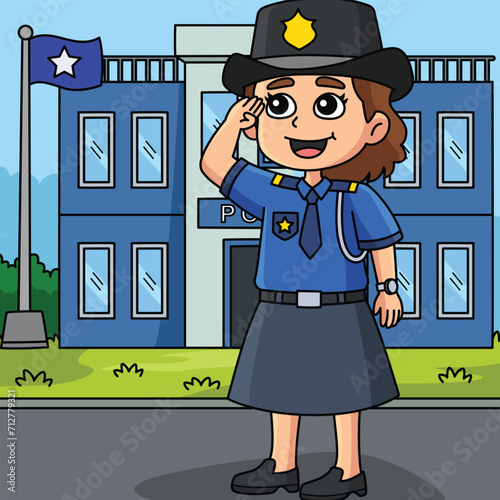 Policewoman Salute Colored Cartoon Illustration