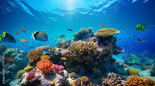Colorful coral reef with many fishes underwater, in the style of luminous shadows