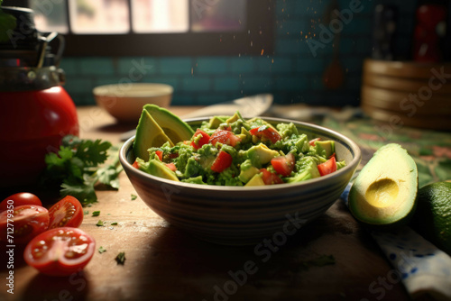 A bowl of freshly-made guacamole with tomatoes, onions, and cilantro