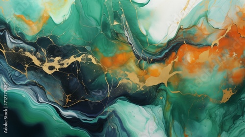 Abstract Green, Orange, Aqua, Turquoise, Gold, White, and Emerald Ink Watercolor Painting Texture Background with Fluid Flowing Lines and Contrasting Backgrounds for a Serene Mood