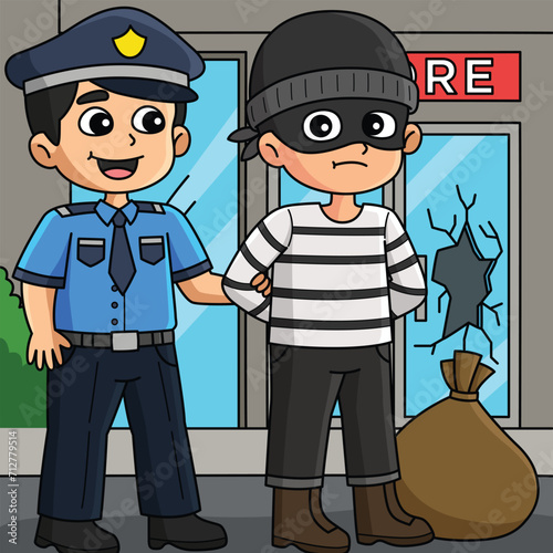 Police Man Arresting a Thief Colored Cartoon 