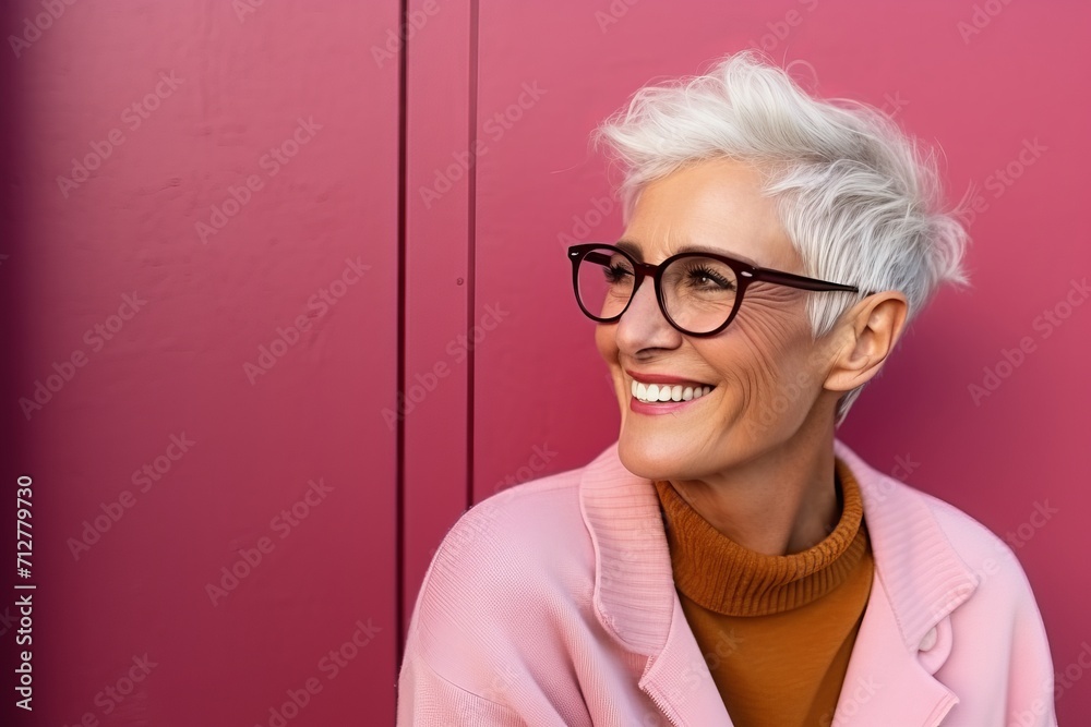 smiling senior woman in eyeglasses looking away on pink background