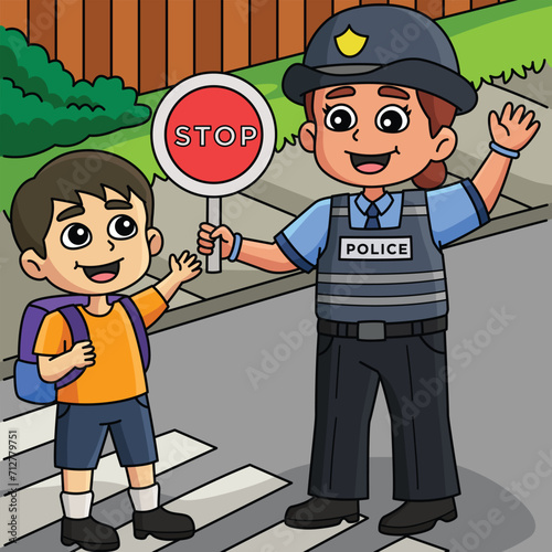 Police Traffic Officer helping Kid Colored Cartoon