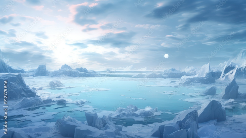 Serene arctic landscape with icebergs and a dusk sky