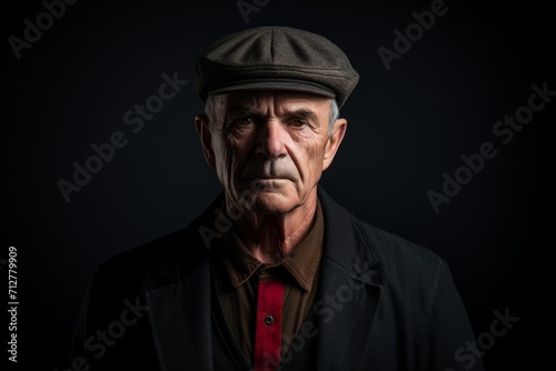 Portrait of an old man in a cap on a dark background.
