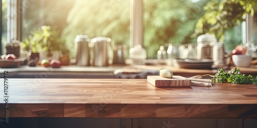 Kitchen scene with wooden tables, blurred morning windows. Chopping boards, napkins.