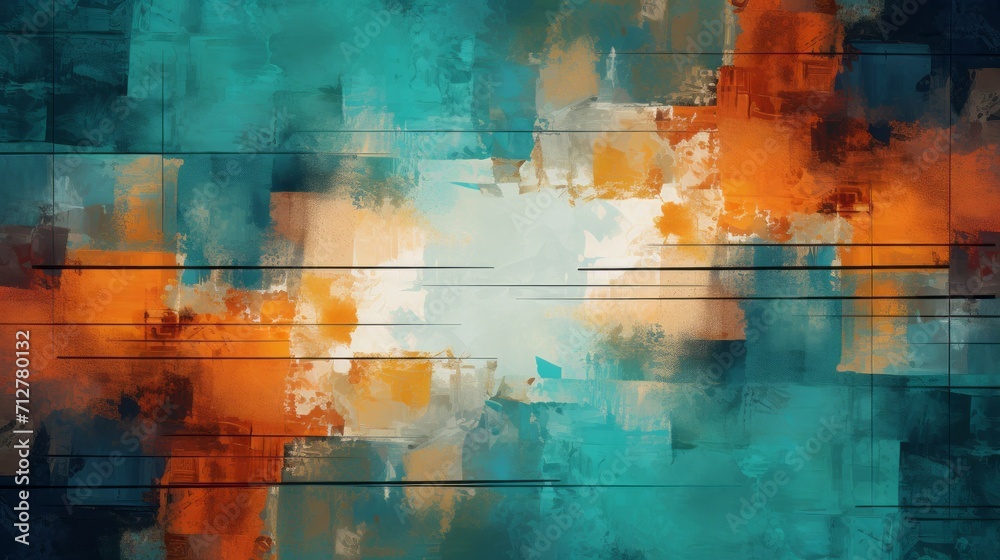 Abstract digital art with vibrant teal and orange hues, layered rectangles.