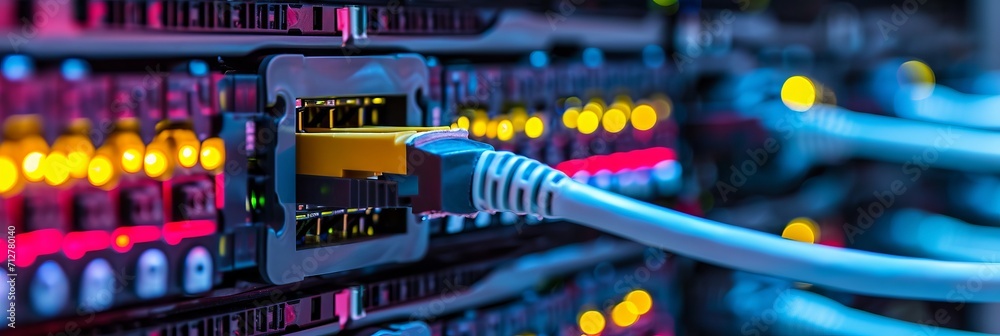 Computer equipment in a high tech data center. Computer equipment in a high tech data center.