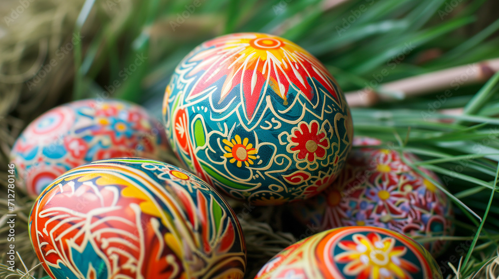 Vibrant, hand-painted Easter eggs nestled in straw, showcasing traditional patterns Vibrant, hand-painted Easter eggs nestled in straw, showcasing traditional patterns