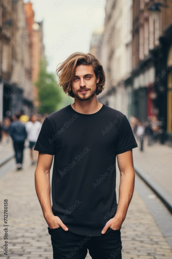 Casual young man in black tee. Shirt mockup. Young male model. Casual young man in black tee. Shirt mockup. Young male model.