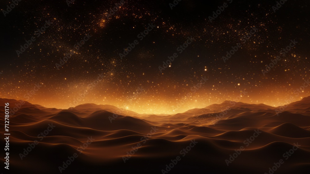 Golden stars illuminate dark, rolling desert dunes under a serene sky. Golden stars illuminate dark, rolling desert dunes under a serene sky.