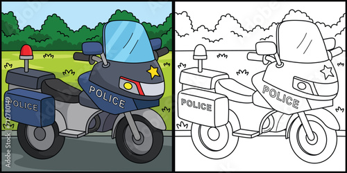 Police Motorcycle Coloring Page Illustration