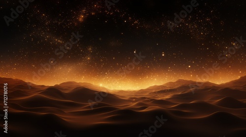 Golden stars illuminate dark  rolling desert dunes under a serene sky.