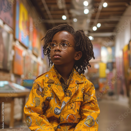 A young African American boy  sits in a museum