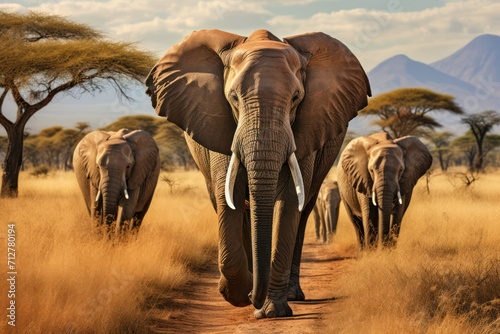 Elephants in line traverse a serene African savannah under a partly cloudy sky. © Dzmitry