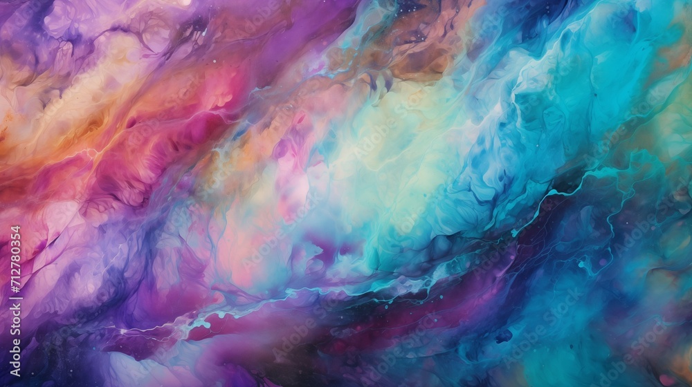 Abstract Turquoise and Violet Rainbow Watercolor Painting Texture Background in Interstellar Nebulae Style
