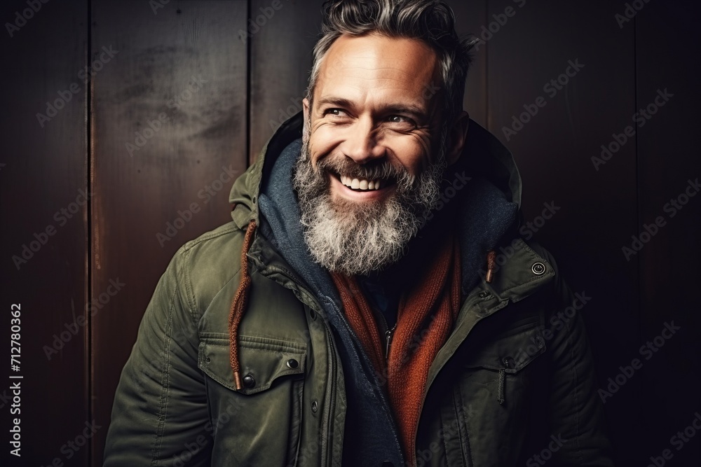 Portrait of a handsome bearded man with long gray beard and mustache in a green jacket. Men's beauty, fashion.