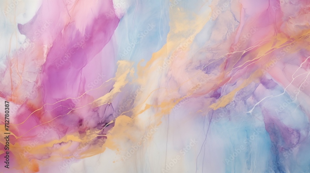 Abstract Pink, Yellow, and Light Blue Fluid Movements with Violet, Gold, and Delicate Marble Ink Lines Watercolor Painting Texture Background