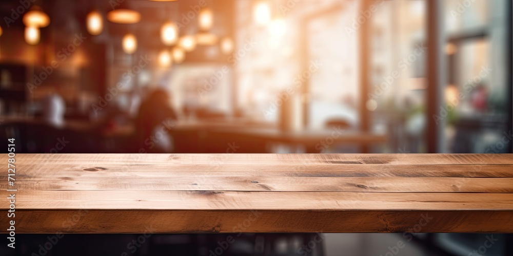 Wooden table with blurred coffee shop background, perfect for product displays or montages.