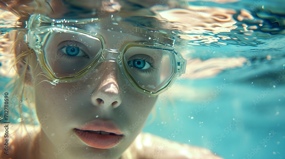 River underwater portrait of a blonde young white woman wearing swimming goggles, generative AI, background image