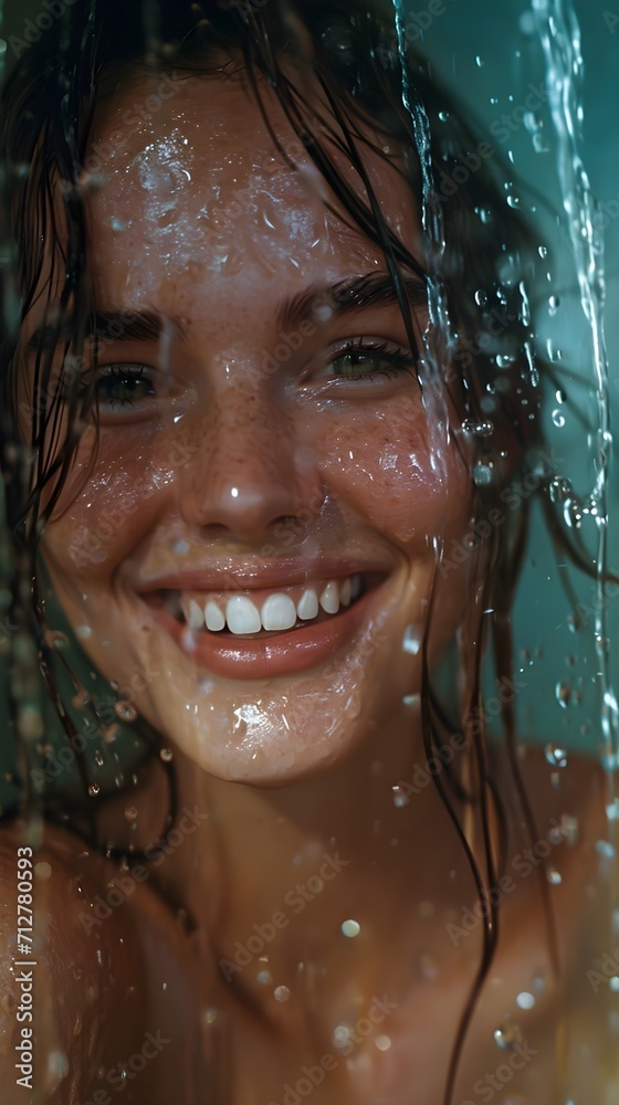 Portrait of a smiling young white female drenched in heavy rain, generative AI, background image