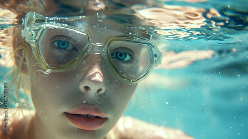 River underwater portrait of a blonde young white woman wearing swimming goggles, generative AI, background image © Hifzhan Graphics