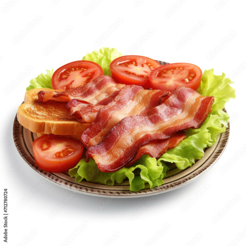 A plate of freshly cooked bacon, with a few slices of tomatoes and lettuce, isolated on white background