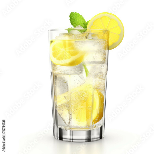 A glass of freshly squeezed lemonade with ice cubes isolated on white background