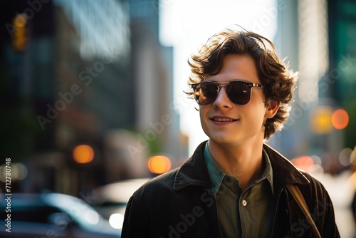 Urban Chic: Smiling Young entrepreneur with Sunglasses in the City