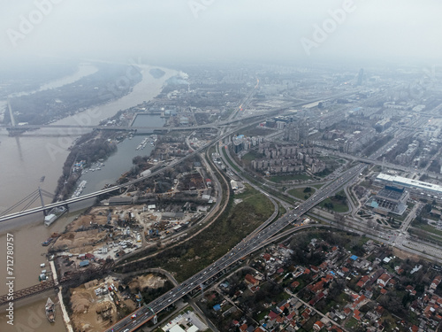 Aerial drone view of a road junction in Belgrade, Serbia, Europe.