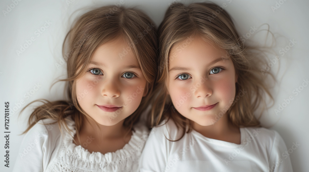 close-ups of two sisters about 8 years old, white background. Lots of copy space