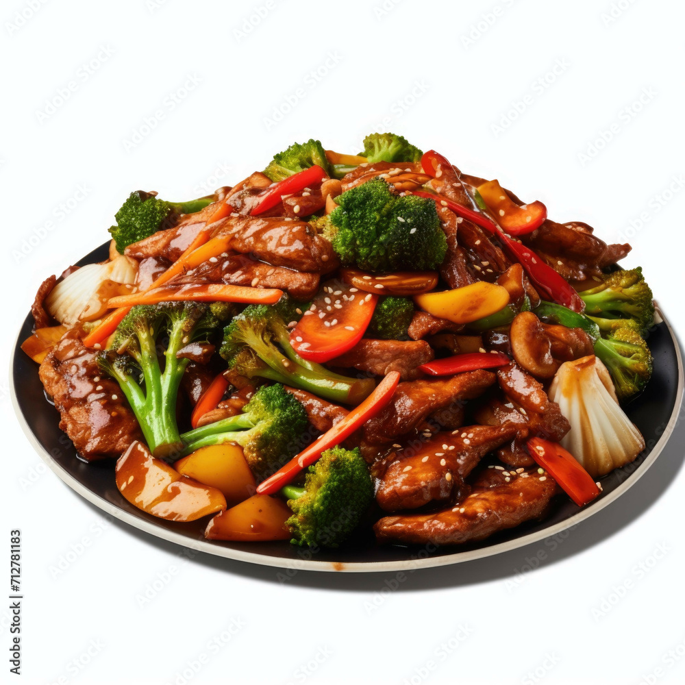 A freshly prepared stir-fry, with a variety of vegetables, meats, and sauces, isolated on white background A freshly prepared stir-fry, with a variety of vegetables, meats, and sauces, isolated on white background