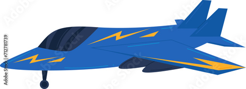 Blue jet fighter with yellow lightning bolts, modern military aircraft in flight. Powerful airforce technology, supersonic combat airplane vector illustration. photo