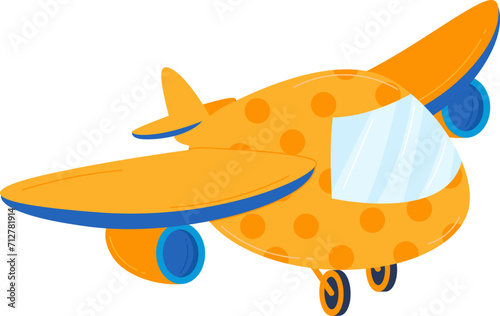 Cartoon orange plane with dots, cute aircraft illustration for kids. Childish transportation theme design, playful airplane vector illustration.