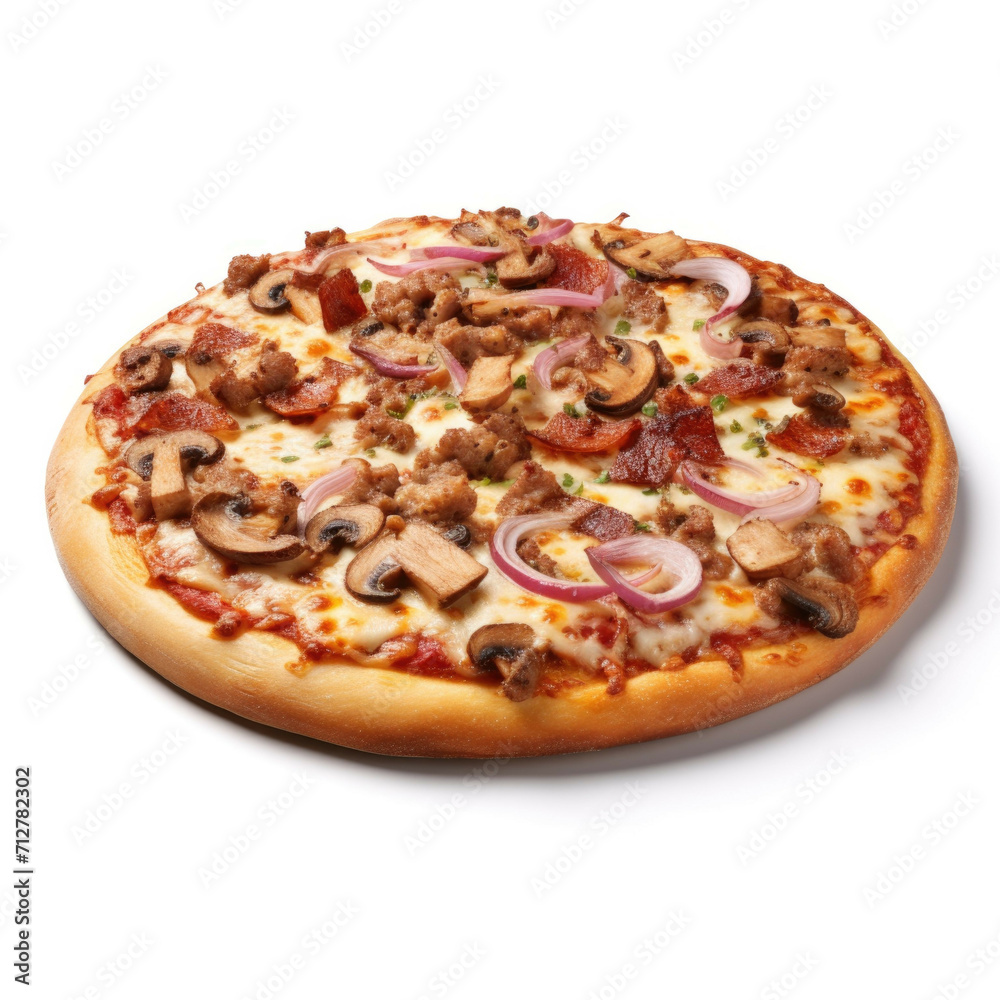 A pizza with a golden-brown crust, topped with a variety of meats, isolated on white background