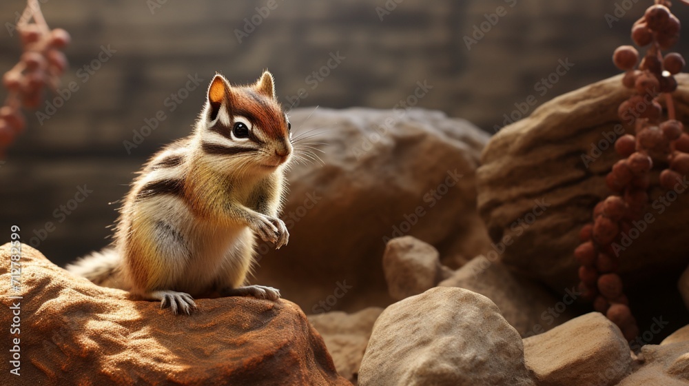 Naklejka premium Adorable Chipmunk Enjoying a Sunny Day, Sitting on a Rocky Surface and Holding a Nut - AI-Generative