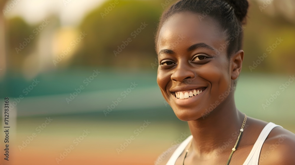 Smiling black female tennis player on the field, generative AI
