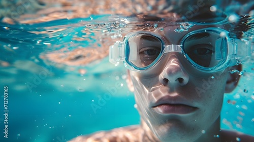 River underwater portrait of a young white male wearing swimming goggles, generative AI, background image © Hifzhan Graphics