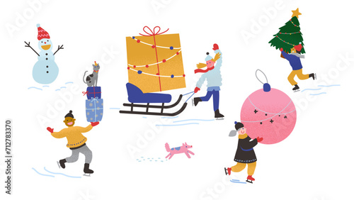 winter season activities illustrations, Christmas tree, people skiing, ice skating, sledding, snowman, vector clipart, flat style images, cat, gifts, dog, bauble, Christmas decorations, sleigh