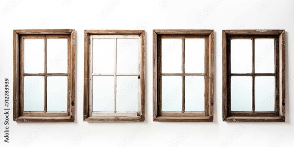 Antique wooden window frames on white backdrop.