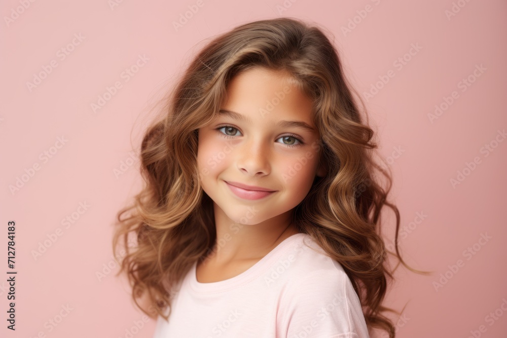 Portrait of a beautiful little girl with long curly hair on a pink background Portrait of a beautiful little girl with long curly hair on a pink background