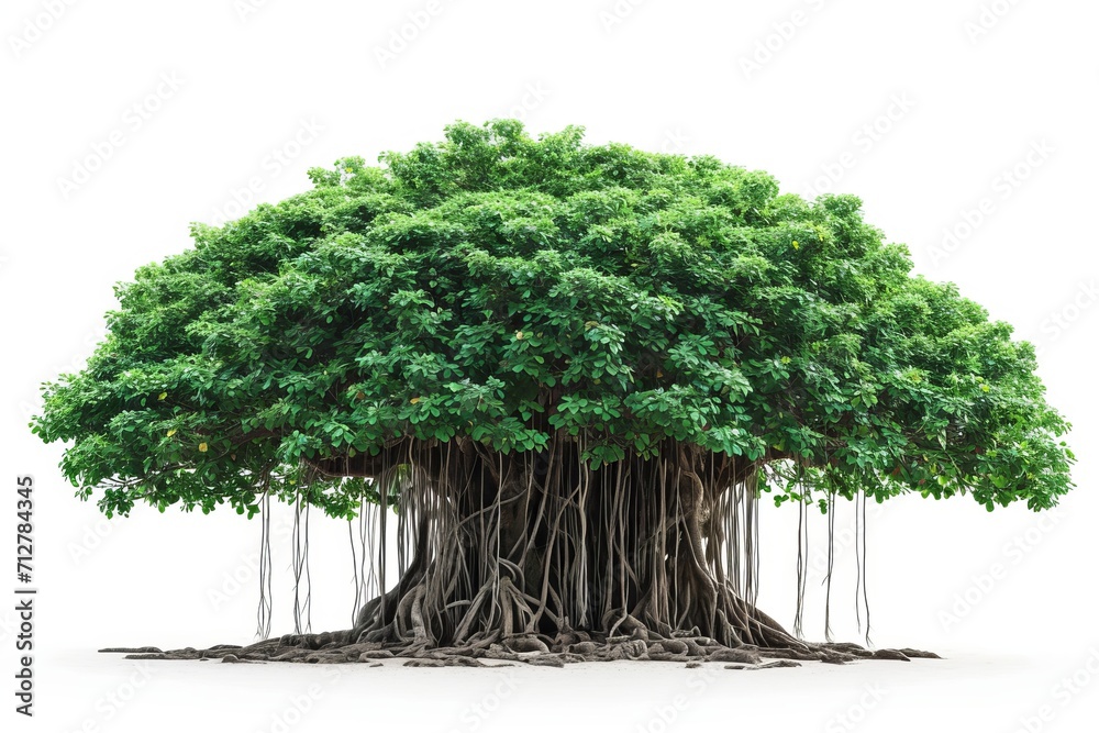 Charming banyan tree with prominent aerial roots isolated on a crisp ...