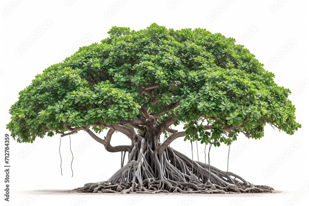 Charming banyan tree with prominent aerial roots isolated on a crisp ...