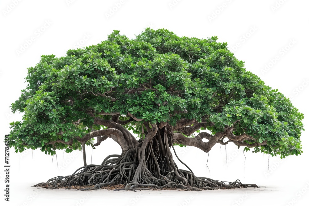 © Saowanee - Charming banyan tree with prominent aerial roots isolated on a crisp white background. Presenting the timeless beauty of tranquil nature