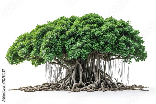Charming banyan tree with prominent aerial roots isolated on a crisp white background. Presenting the timeless beauty of tranquil nature photo
