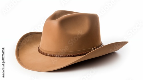 A tan cowboy hat on a white background, adding a touch of Western style to any outfit.