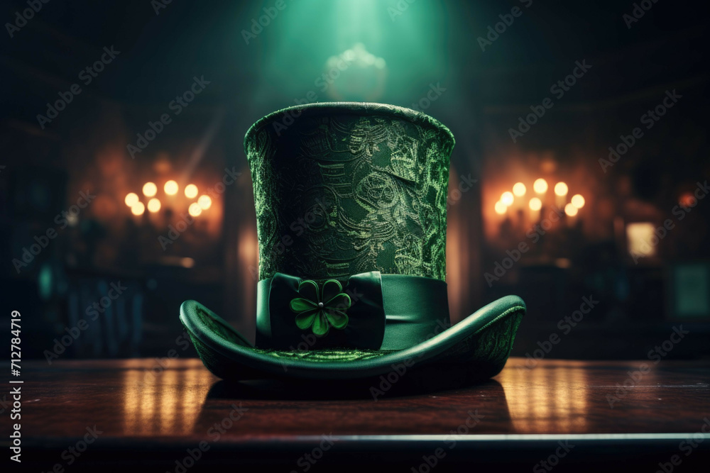 A green top hat with a shamrock on the brim, representing the Irish culture and traditions on St. Patrick's Day - obrazy, fototapety, plakaty 