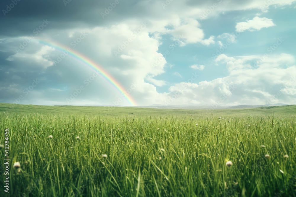 A bright green field with a rainbow in the background, symbolizing luck and hope on St. Patrick's Day A bright green field with a rainbow in the background, symbolizing luck and hope on St. Patrick's Day
