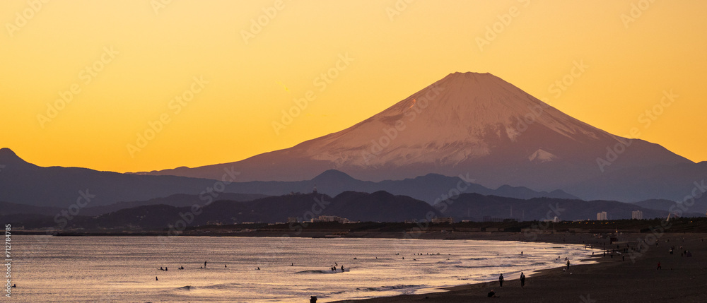 Silhouette of Mount Fuji at Shonan coast at Fujisawa, Kanagawa, Japan